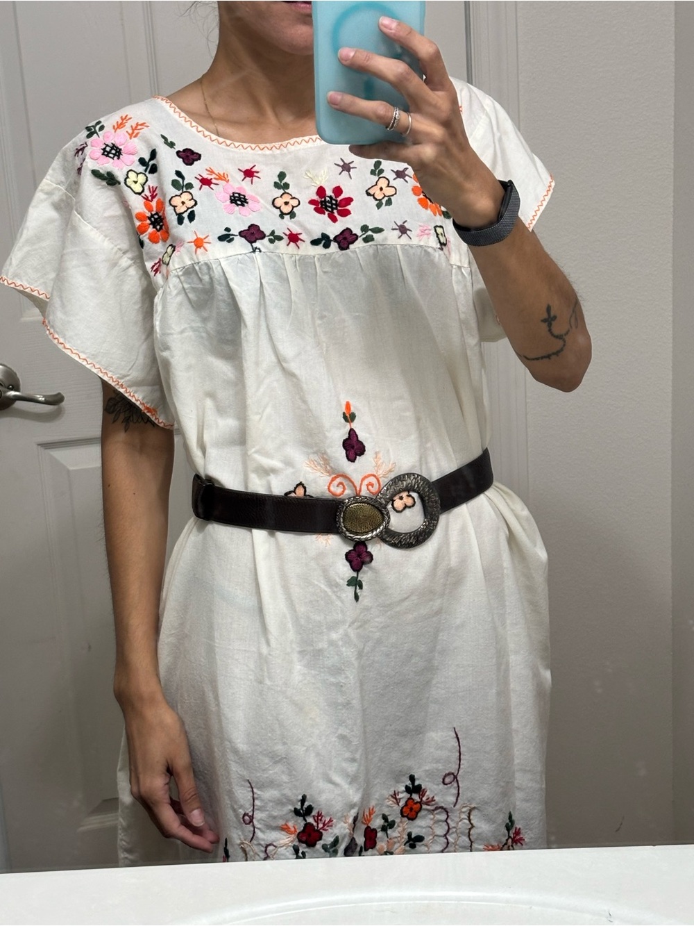 Embroidered  Mexican Cotton Midi Dress in White